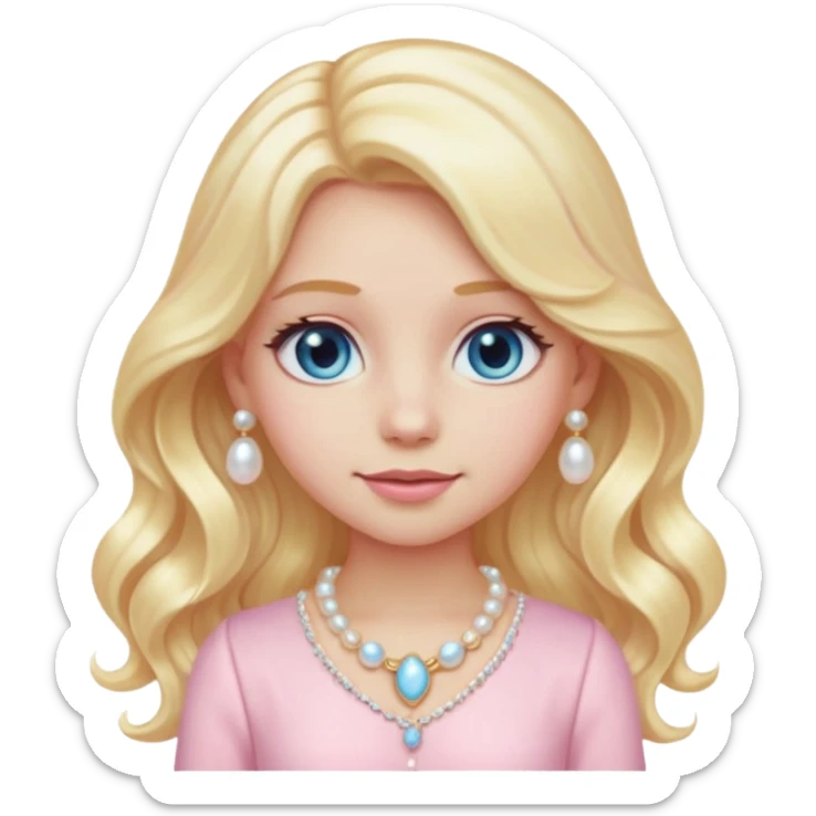 girl emoji with long wavy light golden platinum blonde hair, light blue eyes, pale bright peachy-pink skin tone, wearing a light pastel pink fancy outfit #f3c3cf, pearl hair clip, and light gold jewelry sticker