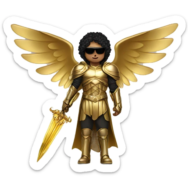 golden archangel, in full growth, with golden wings, black hair, black glasses, golden armor, golden swords, in a golden hood sticker