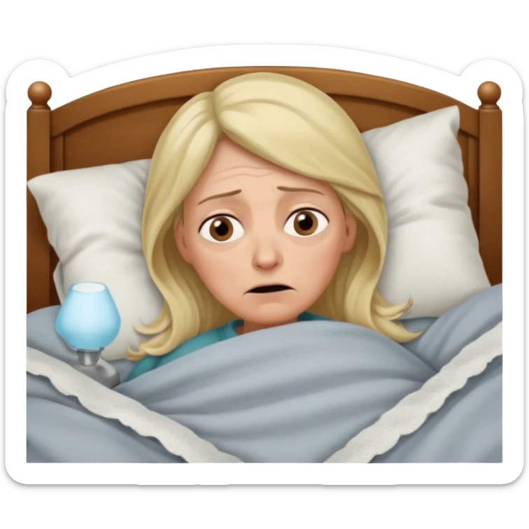 A 55-year-old woman lying in bed, unable to sleep. She looks exhausted and desperate, with visible dark circles under her eyes, tired facial expression. She is under the blankets, staring at the ceiling.  sticker