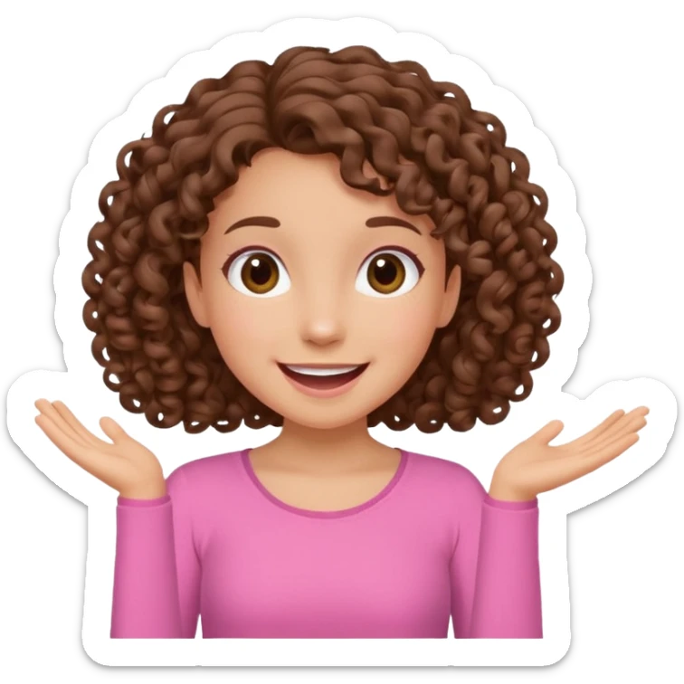 fun cute loud popular pretty girl modest curly brown hair pink top excited sticker