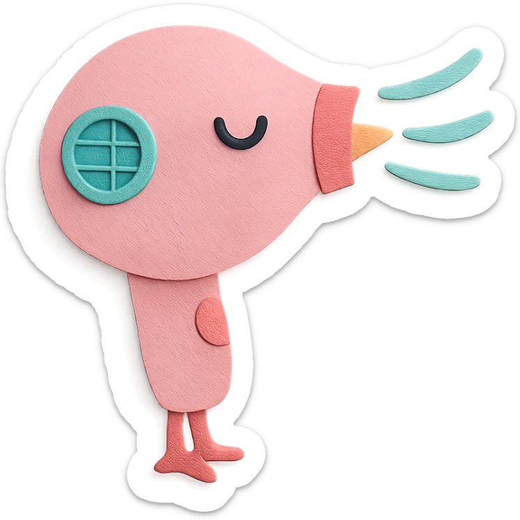 cute hair dryer bird blowing gentle air with a happy face, soft pink, full-body sticker