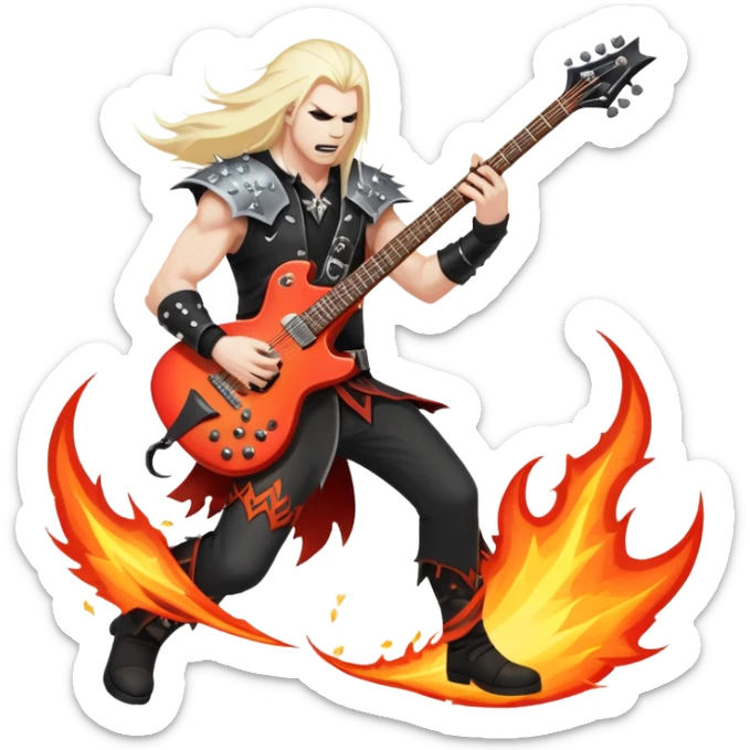An icon showing a rock musician wielding a guitar in an epic battle, inspired by Brutal Legend. The design features fiery backgrounds, musical notes floating in the air, and electrifying stage lights, capturing the power of music and combat. Transparent background highlights the energy. sticker
