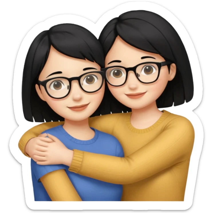 a gif of two wheat skinned girls with black hair, one with glasses hugging each other. the one with glasses is on the left and her right arm is around the one on the right. the right girl has short hair sticker