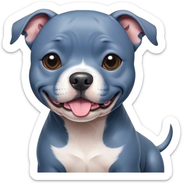 Cinematic Cute Blue Staffordshire Bull Terrier Portrait Emoji, Head tilted playfully and inquisitively, featuring a glossy blue Fur with a healthy sheen, round, sparkling dark eyes filled with curiosity, Simplified yet irresistibly adorable features, highly detailed, glowing with a warm, friendly glow, high shine, affectionate and spirited, stylized with a touch of whimsy, bright and endearing, soft glowing outline, capturing the essence of a mischievous yet loving pup, so playful it feels like it could bound out of the screen and into your arms! sticker