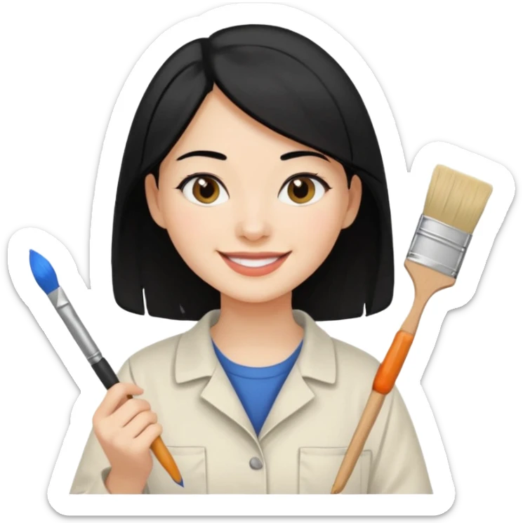 Painting Hold. Women painting smilling  black hair sticker