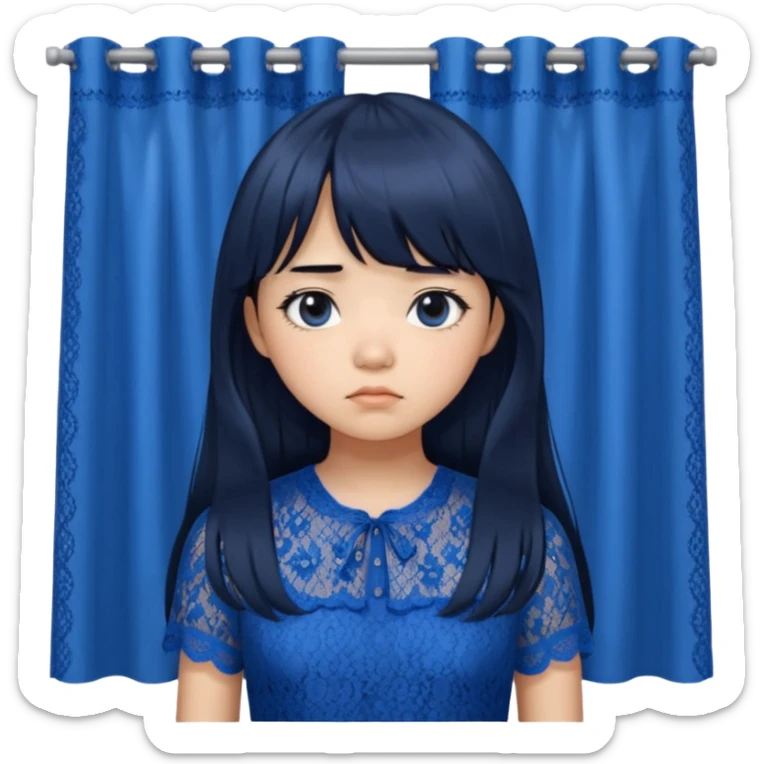 Long hair asian girl with curtain bangs with a blue lace top on with sad expression sticker