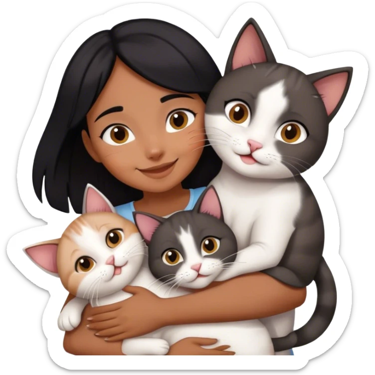 happy black haired girl hugging three cats  (carey cat, gray cat, white brown cat) sticker