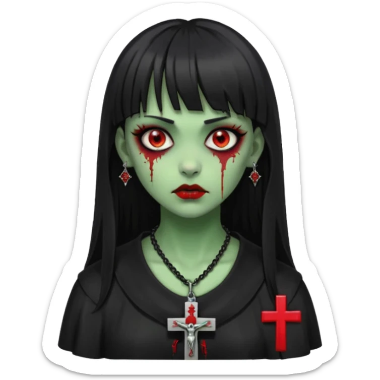 zumbi verde com olhos vermelhos sangrando e franja roupa preta e um crucifixo como colar, sem ser na testa e um piercing no nariz bem feminino a franja reta também  sticker