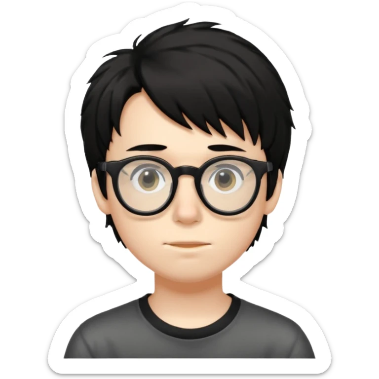 pale skin, black shaggy hair boy, big glasses that's tip on his nose and teenager  sticker