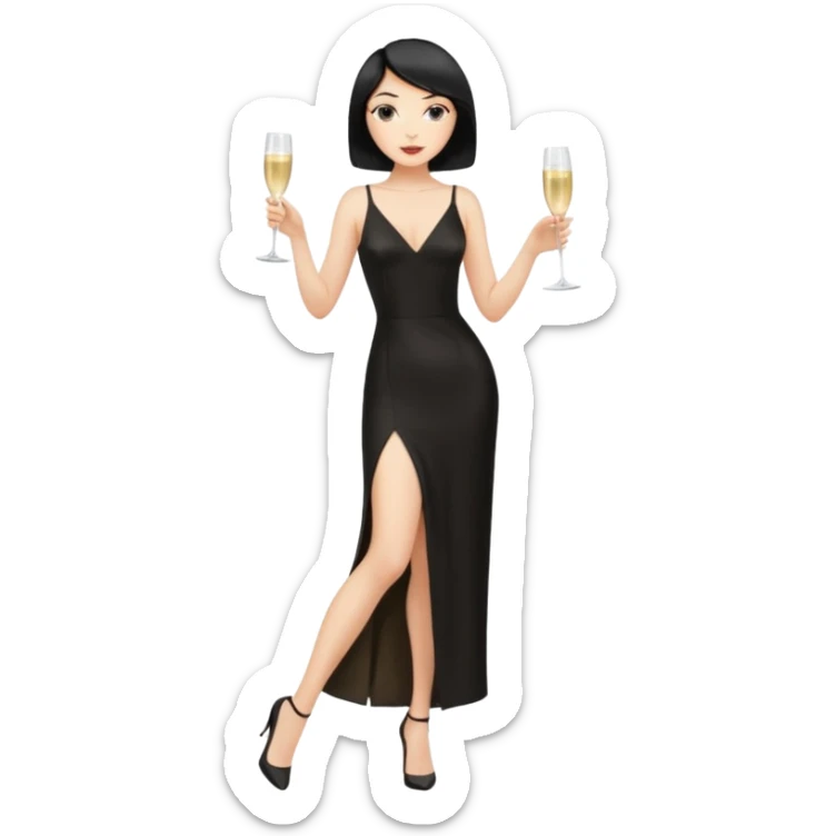 Blonde Woman, Long black slipdress, Slot left Leg,man black Cut,fly, Champagner glas sticker