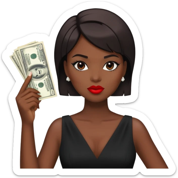 Grown Woman holding dollars wearing black dress red lipstick short hair  sticker