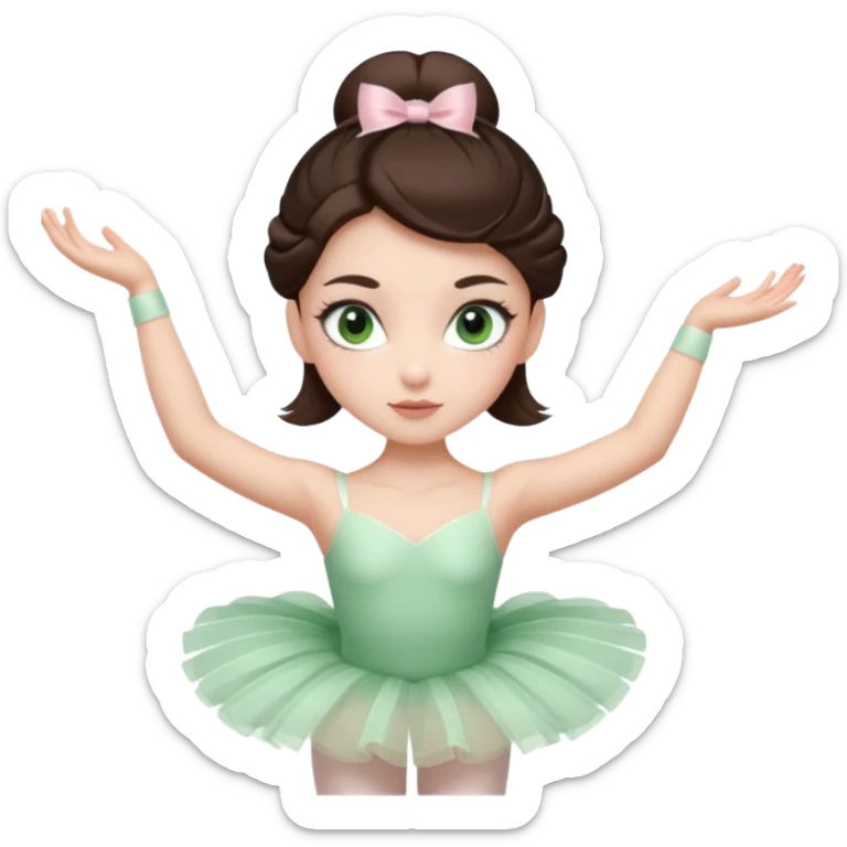 Realistic Ballerina Portrait, with porcelain-like skin featuring a natural rosy flush, illuminated by soft lighting that highlights the gentle contours of her face. Her Brunette hair flows in soft.Her deep green light eyes radiate framed by arched brows and long lashes. sticker