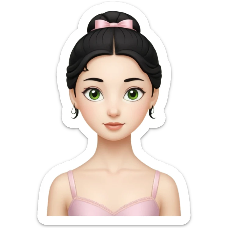 Cinematic Realistic ballerina Medium Blue Portrait, depicted with lifelike skin texture, subtle rosy undertones, and soft natural lighting that enhances the gentle contours of her face. Her intricately detailed sweet black hair is elegantly styled, green eyes sticker