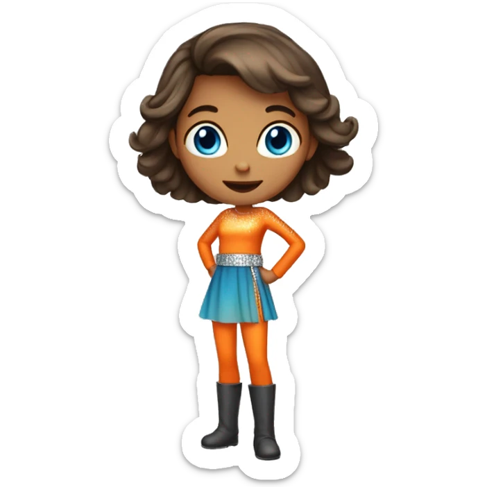 a brunette blue-eyed girl in an orange outfit with a stomach level silver sequin belt  sticker