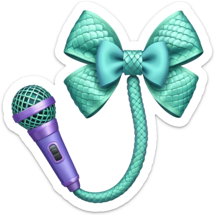 A pastel blue bow with a pastel a pastel green snake at the top of one side and a pastel purple microphone on the bottom of the other side of the bow sticker