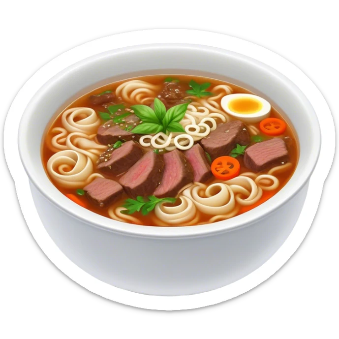 Cinematic Realistic Pho Dish Emoji, depicted as a steaming bowl of aromatic beef noodle soup with herbs rendered with lifelike textures and vibrant, warm lighting. sticker