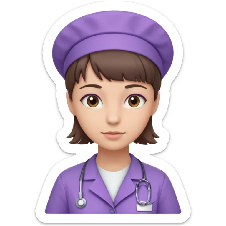 A young female slim nurse with short Brown hair with fringe over her forehead, wearing larvendar purple working cloth sticker