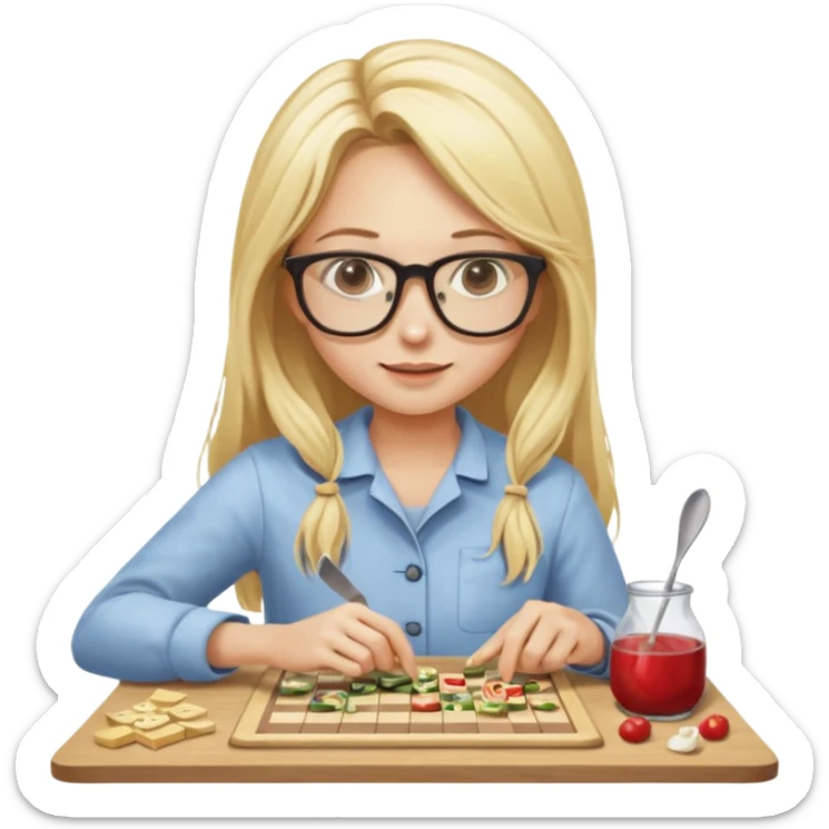 je voudrai un emoji d'une fille aux cheveux longs et blonds avec des lunettes entrain de découper, une entrain de faire un jeu de société, une qui cuisine, sticker