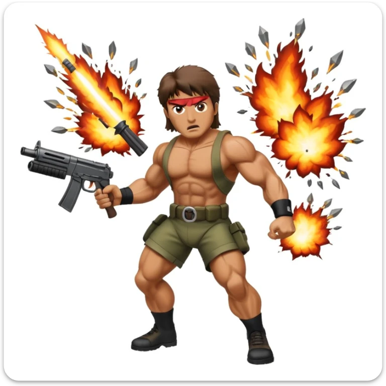 Icon for Action Movies: Rambo in the lead role, in an intense action pose with weapons, explosions, and dramatic background. The design should evoke the classic action movie feel with muscle-bound heroes and high-energy sequences. Transparent background. sticker