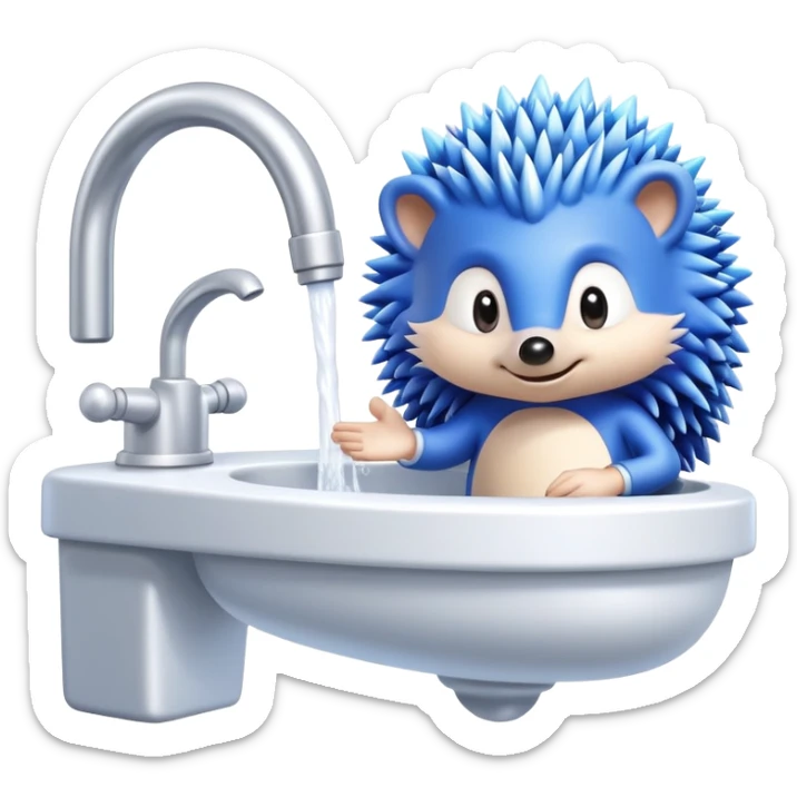 Blue cartoon hedgehog character and silver cartoon hedgehog character in a bathroom washing hands sticker