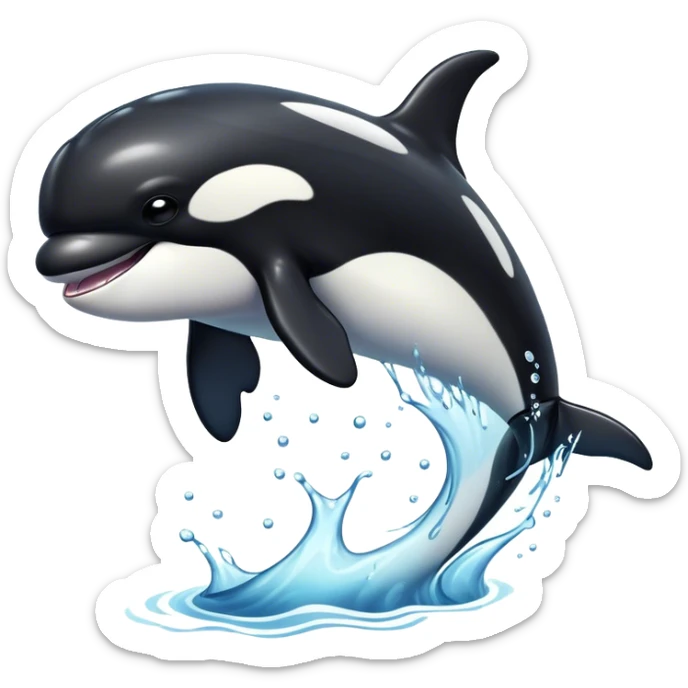 Meme-Worthy Breaching orca Portrait Emoji, Bursting powerfully out of the ocean with an impressive, high-energy leap, showcasing a sleek black-and-white body glistening with water droplets and dynamic, arched posture, Simplified yet exhilaratingly expressive features, highly detailed, glowing with a vibrant marine energy, high shine, bold and full of life, stylized with an air of untamed ocean spirit, soft glowing outline, capturing the essence of an orca mid-breach, radiating pure, unstoppable aquatic power! sticker