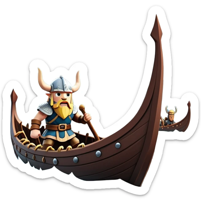 clash-of-clans-aesthetic_-cinematic-viking-longboat, rendered in a flat, bold vector style with minimal shading, featuring a striking dragon-headed prow slicing through icy, churning waters. shields on the side and vikings rowing The longboat’s intricately detailed shields and carved motifs evoke a sense of epic adventure and Nordic might, with billowing sails catching a dramatic, stormy sky backdrop. sticker
