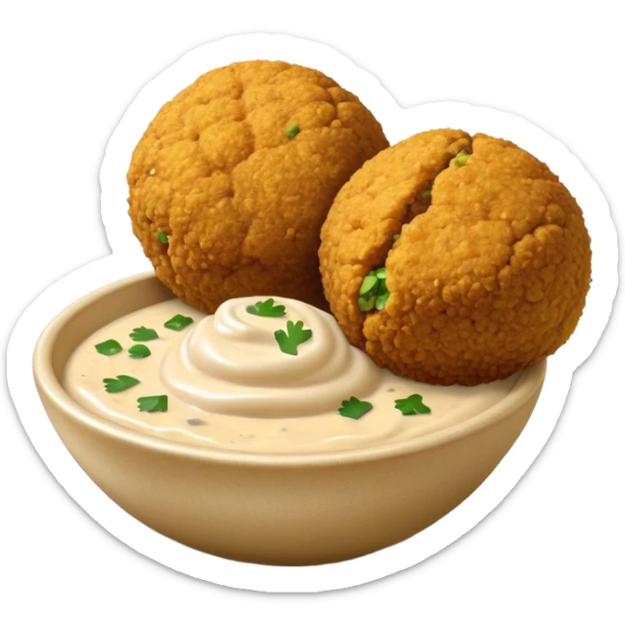 Cinematic Realistic Falafel Dish Emoji, depicted as crispy, golden falafel balls served with tahini sauce rendered with lifelike textures and vibrant, appetizing lighting. sticker