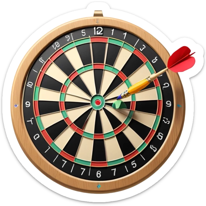 A dartboard with darts firmly stuck in the bullseye, surrounded by the colorful sections of the target. The background conveys a competitive atmosphere, with a subtle focus on precision and skill in the game of darts. sticker