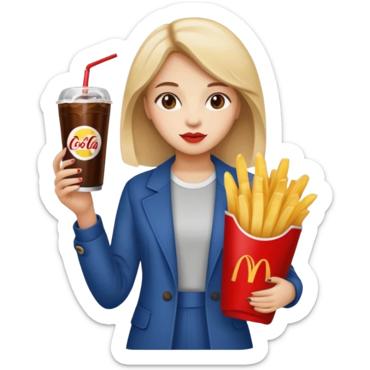 a young woman full length with cola in one hand and french fries in the other hand and a painting under her arm sticker