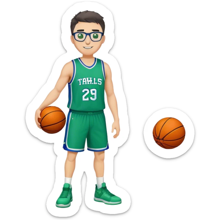 Full Body heavy white male with dark short spike hair basketball player wearing glasses wearing blue green uniform smiling sticker