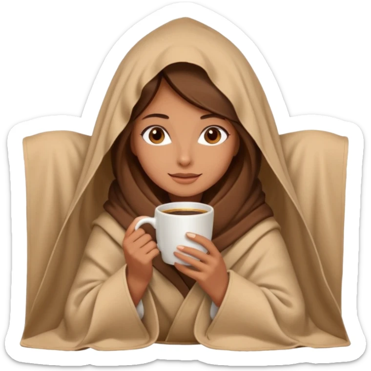 brown hair woman sitting under beige blanket, with a blanket over his head, holding cup of coffee, autumn mood sticker