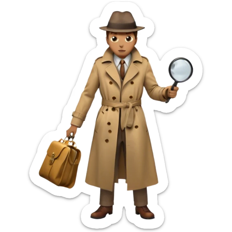 Icon for Detective Movie: A vintage movie poster-style design of a mysterious detective in a trench coat, holding a magnifying glass. Include dark alleyways, fog, and shadowy figures. The design should evoke a classic noir detective story with retro cinematic typography. Transparent background. sticker