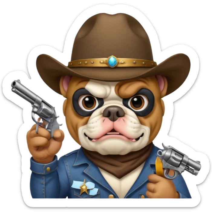 A bulldog wearing a cowboy hat, wearing a mask, pointing a revolver at you and telling you to hand over your money. sticker