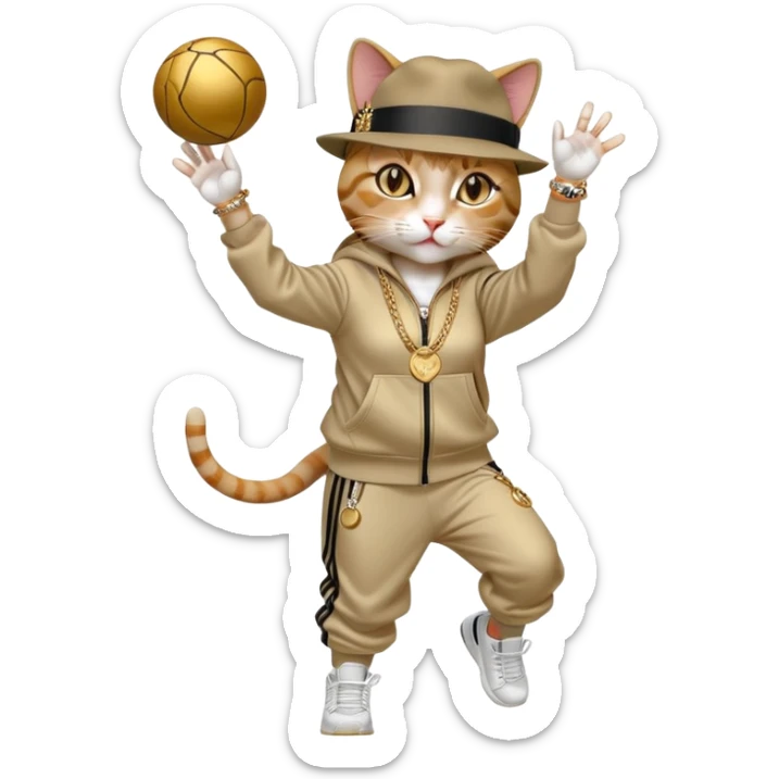 female cat wearing Run DMC hip-hop outfit with tracksuit, fedora, Adidas sneakers, many gold chains, rings, bracelets, flashy earrings, reaching up and catching a ball high in the air, no sunglasses sticker