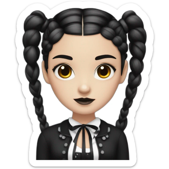 A girl with dark hair two braids and black eyes in style of Wednesday Addams sticker