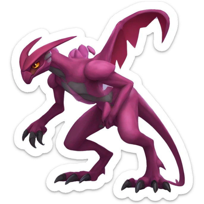 Mauve-maroon-red-violet-colored anthro-genesect-raptor-scalie-sona-Fakémon-hybrid with a mane on head and back full body sticker