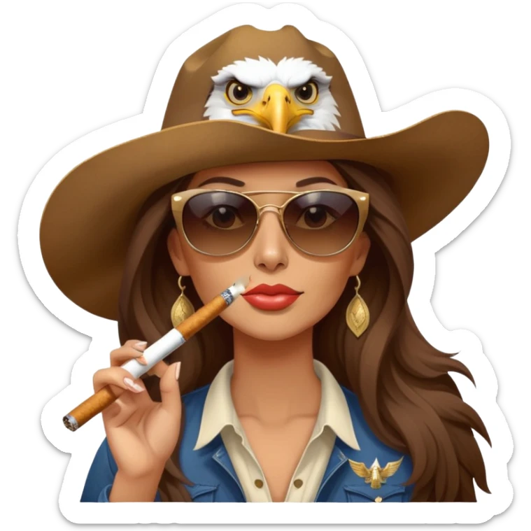 Country woman in cowboy hat with long brown hair with sunglasses with bald eagle on her shoulder and a cigarette in her mouth  sticker