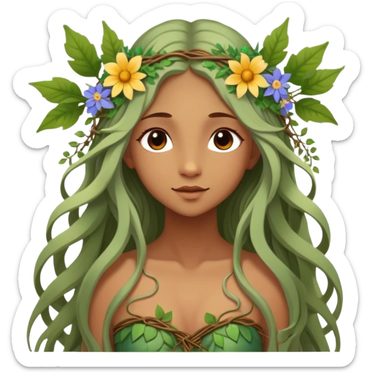 Cinematic Realistic Forest Nymph Fairy Portrait, depicted with lifelike, sun-kissed tanned skin that radiates an earthy glow, softly illuminated by natural, dappled light. Her long, flowing hair is intricately detailed and interwoven with delicate vines and wildflowers, while her deep, soulful eyes mirror the wisdom of the forest. Dressed in an attire inspired by nature’s palette—with subtle botanical motifs—the portrait exudes a soft, enchanted glow that melds realism with woodland magic. sticker