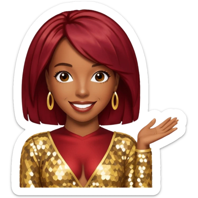 Kelly Rowland from Destiny's Child with dark red hair, gold sequin outfit sticker