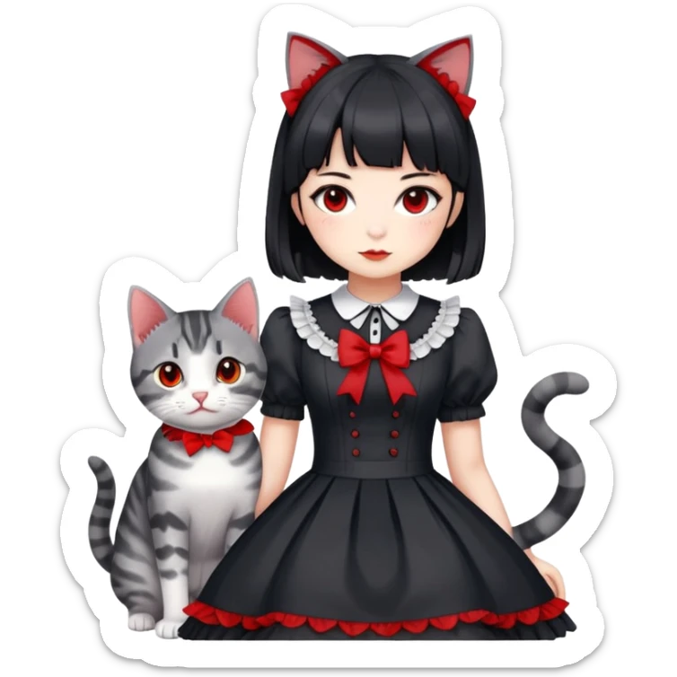 girl wearing black Lolita style dress, with medium-length black hair with red tips, and a gray American Shorthair tabby cat sticker