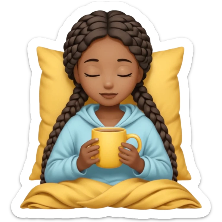 black girl with eyes closed, long braids, light bow in hair, light beige blanket, holding a yellow mug, soft cute emoji style sticker