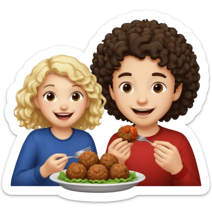 Ragazza bionda leggermente riccia che ride ad un ragazzo con i capelli ricci scuri mentre mangia polpette sticker