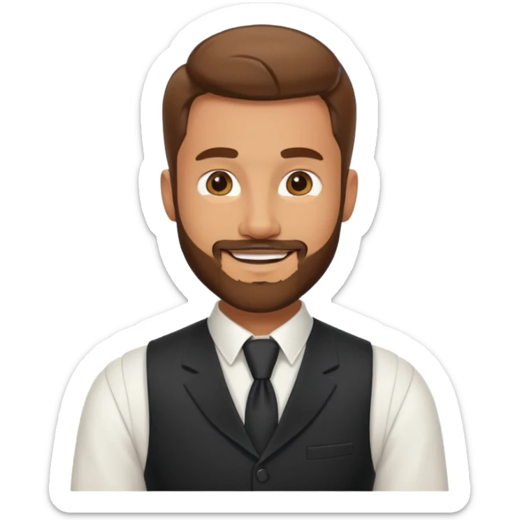 portrait of adult man, wearing a formal vest, smiling face sticker