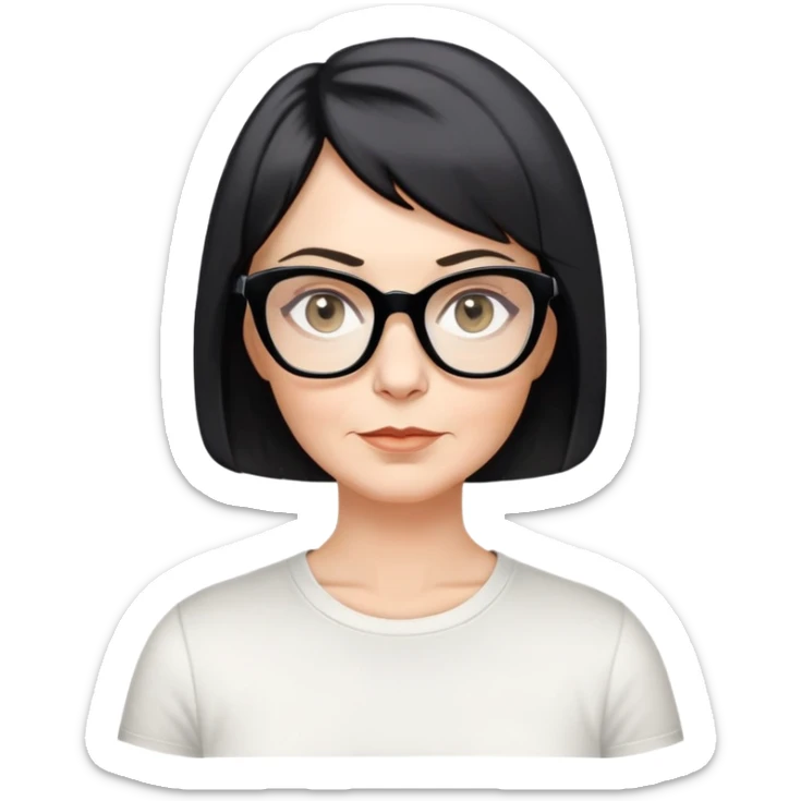 white woman, about 50 years old, light warm skin, short black bob haircut with slight waves at ends, neutral-determined expression, large black shiny butterfly or cat-eye glasses, white casual t-shirt, calm and creative energy sticker