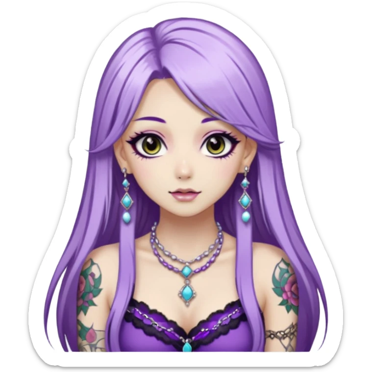 hime gyaru girl, long straight white and purple hair, tattoos, dark makeup,  sticker