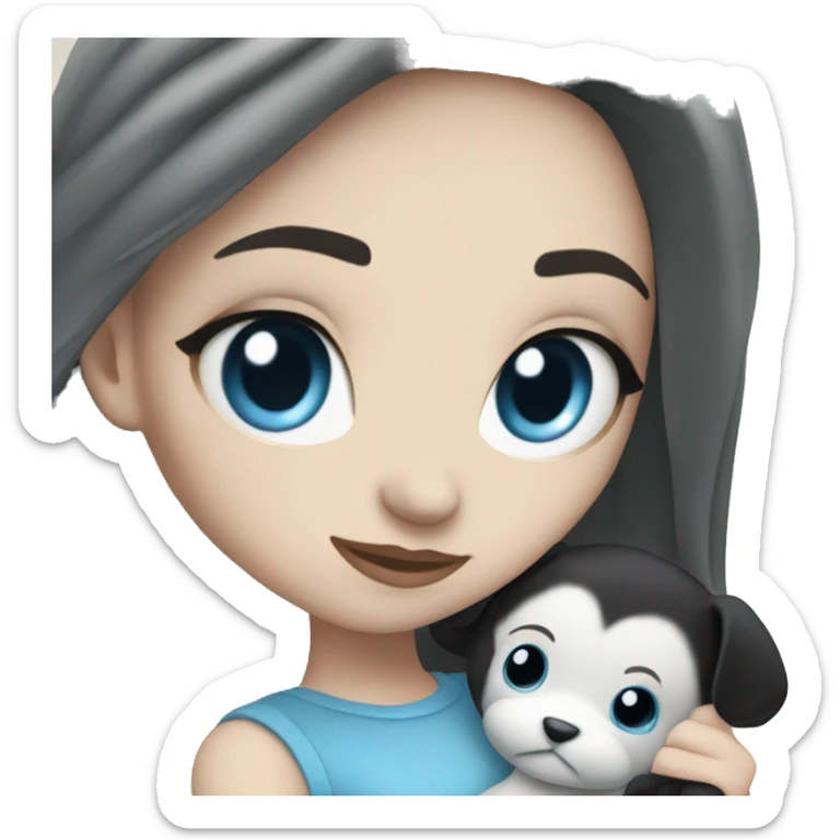 white Girl with black hair and blue eyes playing with plushy sticker