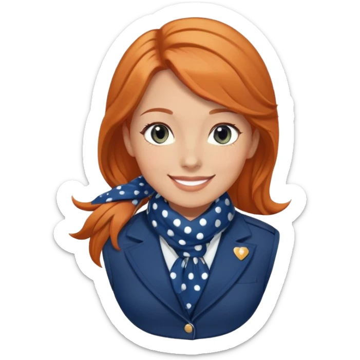 A stewardess with russet hair and grey eyes smiling. She is wearing a dark blue jacket. Under the jacket she is wearing a blue waistcoat. She is wearing a blue scarf with white polka dots around her neck. sticker