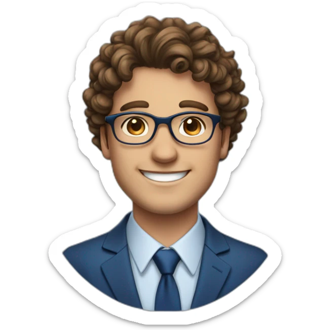 Young big Business man with brown curly hair, sidecut and round Glasses, smiling, european, blue suit, without tie sticker