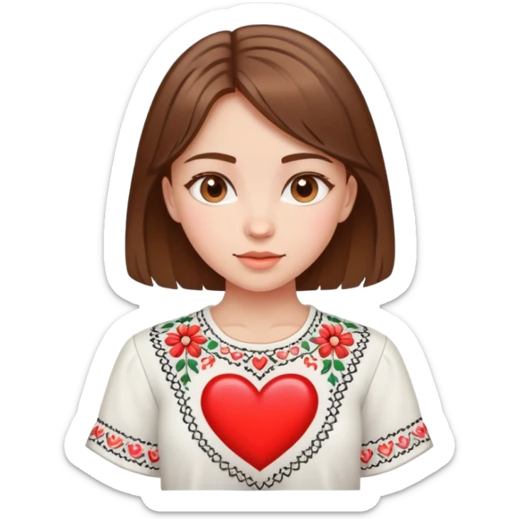 beautiful young girl with brown hair wearing a white Ukrainian embroidered shirt with a big heart design sticker
