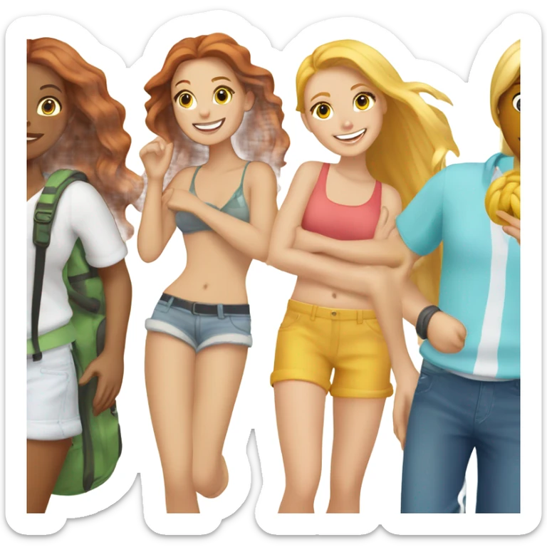 6 girls, 1 brunette, 3 long hair blondes, 1 redhead and 1 short hair blonde all vacation sticker